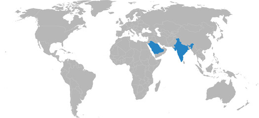 India, Saudi arabia countries isolated on world map. Light gray background. Backgrounds and wallpapers.