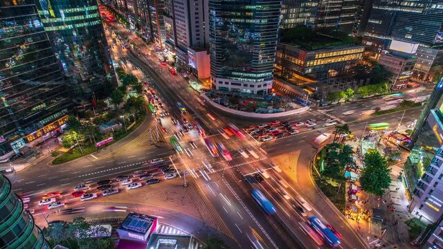 Time lapse Traffic at night in Gangnam City Seoul, South Korea.