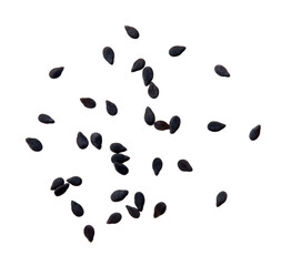 Several black sesame seeds isolated on white background.