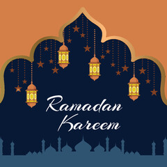 Ramadan greeting card design on blue background. Vector illustration. Ramadan Kareem means Ramadan is generous - Vetorial