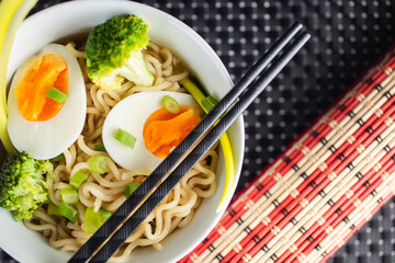 Vegetarian Noodles meatless with green broccoli and egg