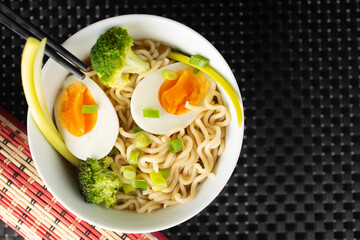 Vegetarian Noodles meatless with green broccoli and egg