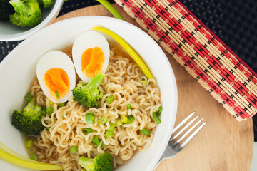 Vegetarian Noodles meatless with green broccoli and egg