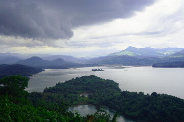 View of the lake from the top of the hill when it is cloudy