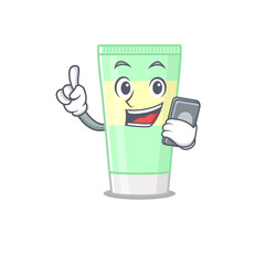 Cleansing foam caricature character speaking with friends on phone