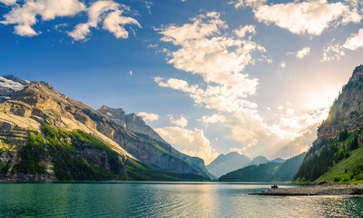 Sunset over Lake Oeschinensee in the Swiss Alps