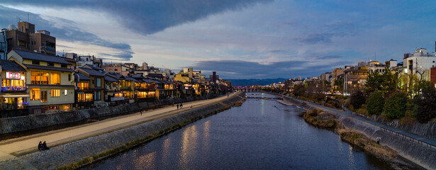 Panoramic view of the Kamo River in Kyoto