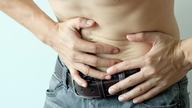 Men have stomach aches from enteritis or enteritis, health and medical concepts.