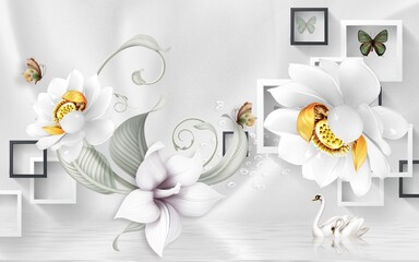 3d wallpaper with flowers and geometric figures