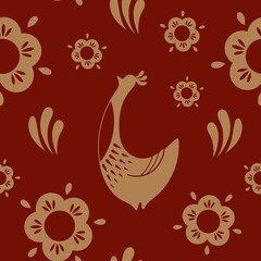 chicken seamless pattern on red background with ochre flower