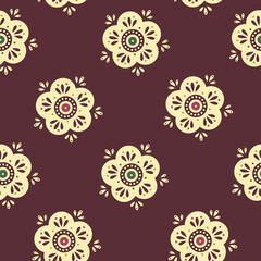 beige flower ornament burgundy background seamless pattern