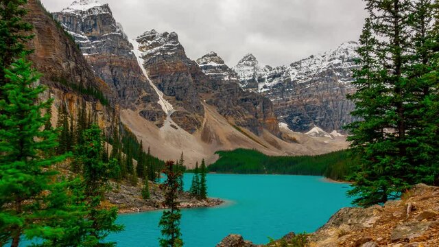 Banff National Park Most Visited Lake Moraine Lake Full View PAN UP Time Lapse 4K