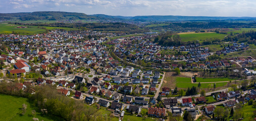 Aerial view of the city Hüttlingen in Germany on a sunny spring day during the coronavirus lockdown.
