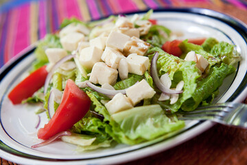 Lettuce salad with pieces of cheese, onion and tomato
