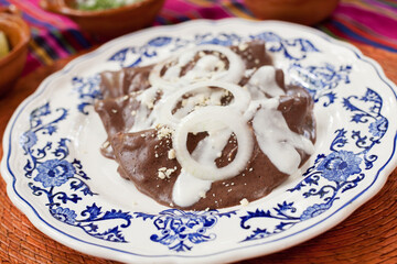 Traditional Mexican dish known as enfrijoladas, are bean tacos with cream and onion, generally served as an appetizer
