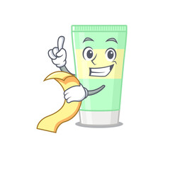 Cleansing foam mascot character style with a menu on his hand