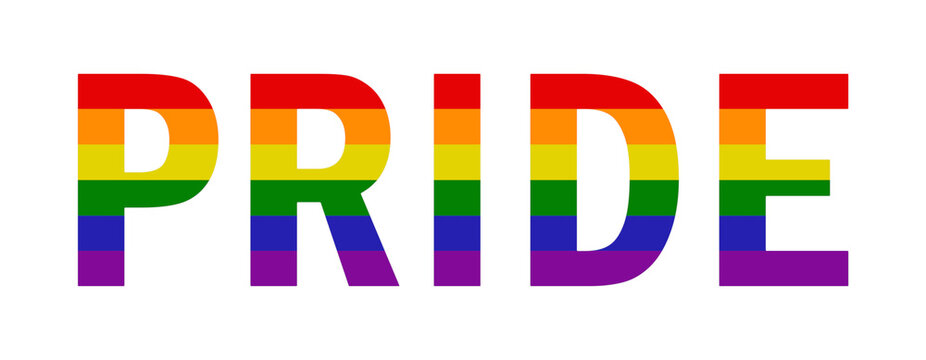 Rainbow colored PRIDE text on a white background, celebrating sexual orientation diversity.