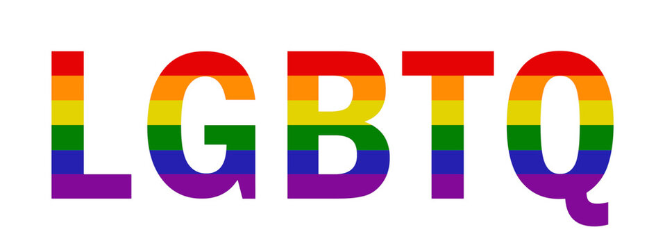 Rainbow colored LGBTQ text on a white background, celebrating sexual orientation diversity.