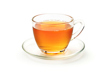 Glass cup of hot tea with saucer isolated on white background. Clipping path.