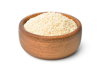 White sesame seeds in wooden bowl isolated on white background.  clipping path.