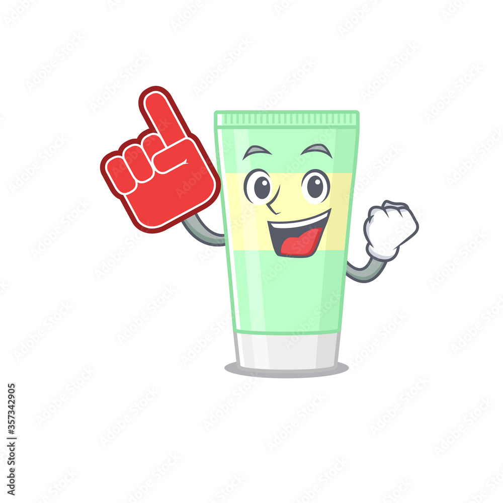 Poster cleansing foam in cartoon drawing character design with foam finger