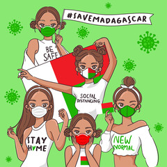 Vector Illustration for Campaign on Covid-19 Prevention : Set of pretty girls wearing medical mask and holding national flag 