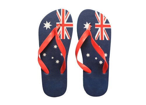 Pair of thongs with the Australian flag on them, on a white background. 