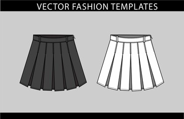 SKIRT fashion flat sketch template, pleated skirt front and back