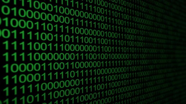 Animation of binary code. Black and green background with digits moving on screen.