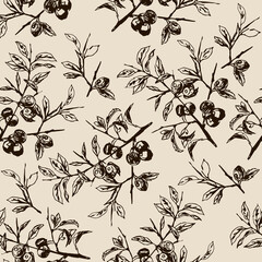 Seamless floral pattern with silhouettes of blackthorn branches with fruit.
