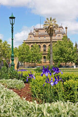 View to the Law Courts (built 1896) across the Conservatory Garden in Bendigo, Australia.
