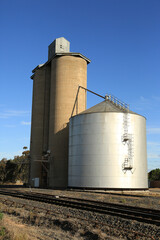 Grain silos on a railway track in a country area of South Australia. 