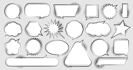 Comic speech bubbles set with different emotions or set of comic text, pop art style. Vector bright dynamic cartoon illustrations.