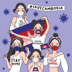 Vector Illustration for Campaign on Covid-19 Prevention : Set of pretty girls wearing medical mask and holding national flag
