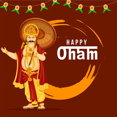 Cheerful King Mahabali Character with Brush Stroke Effect on Brown Background for Happy Onam Celebration.
