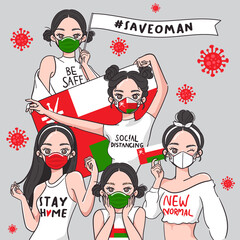 Vector Illustration for Campaign on Covid-19 Prevention : Set of pretty girls wearing medical mask and holding national flag
