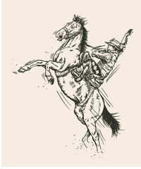 Hand drawn sketch of cowboy on horse. Vector illustration