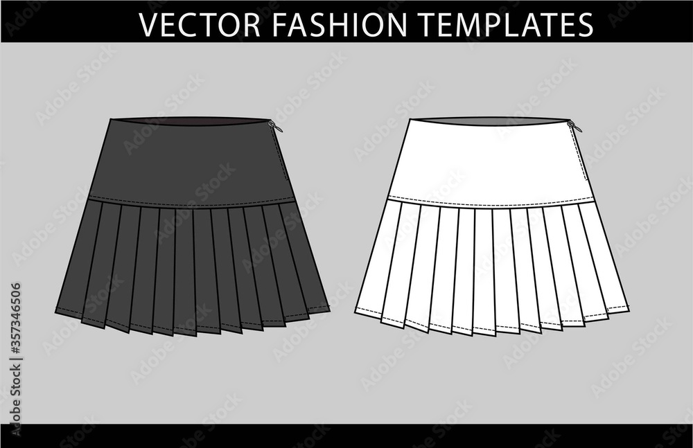 Wall mural skirt fashion flat sketch template, pleated skirt front and back