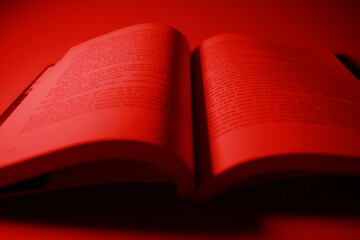 Leer libro de misterio con luz tenue roja