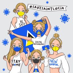 Vector Illustration for Campaign on Covid-19 Prevention : Set of pretty girls wearing medical mask and holding national flag