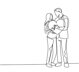 One single line drawing of young happy couple man and woman holding heart shape pillow and smiling each other. Romantic marriage love concept continuous line draw design graphic vector illustration