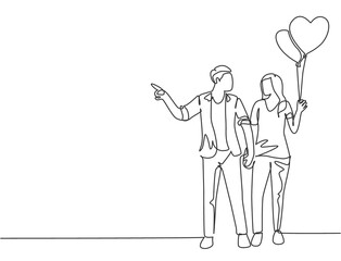 One single line drawing of young happy man and woman couple take a walk together and holding a heart shaped balloon. Romantic marriage love concept continuous line draw design vector illustration