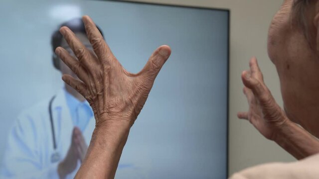 Elderly Woman Sit At Home Having Online Consultation Physical Therapy With Doctor.