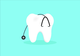 Healthty tooth character with stethoscope on background.