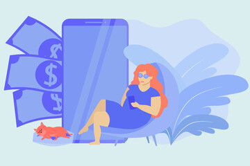 A girl with a phone sitting on a chair.work at home concept blue color Vector illustration in lineart style.
