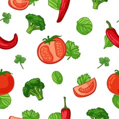 Seamless design food pattern. Wallpaper with vegetable organic food. Backdrop for fabric and textile design with tomato, broccoli, spinach and pepper. Background with nature fresh food. Vector