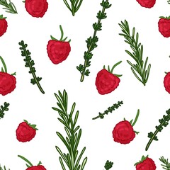 Seamless design berry pattern. Wallpaper with organic food. Backdrop for fabric and textile design with raspberries, rosemary and thyme. Background with nature fresh herb for recipe. Vector