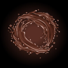 Liquid chocolate splashes circle on a dark background