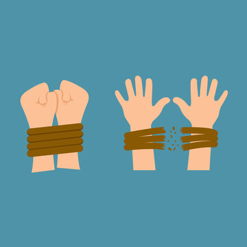 Hands Tied With A Rope And Hand Tearing A Rope Icon Isolated On Blue Background