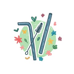 Reusable stainless steel straw icon in cartoon doodle style. Zero waste life concept. Hand drawn design with nature organic flower decoration. No plastic style. Vector